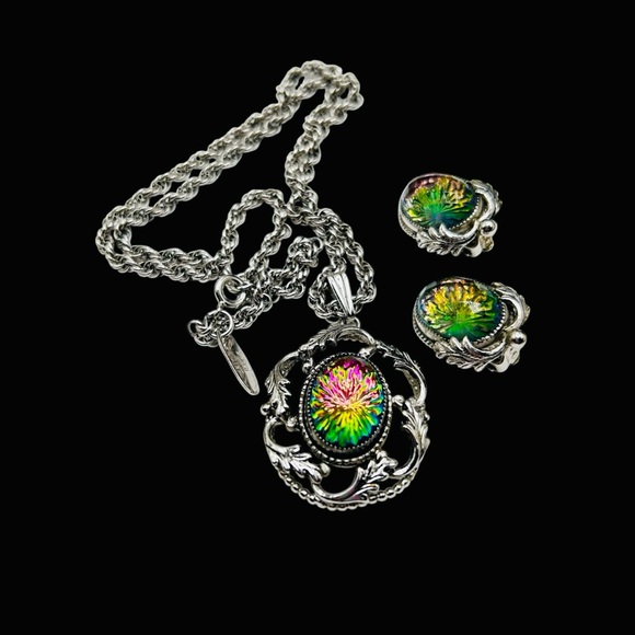 Whiting & Davis Jewelry - Vintage Whiting Davis Vitrail Glass Necklace Earring Set Original Box